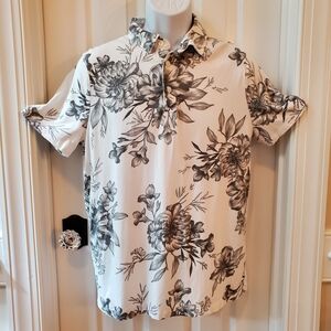 Express Men's Black & White Floral Jersey Polo Shirt - Size M